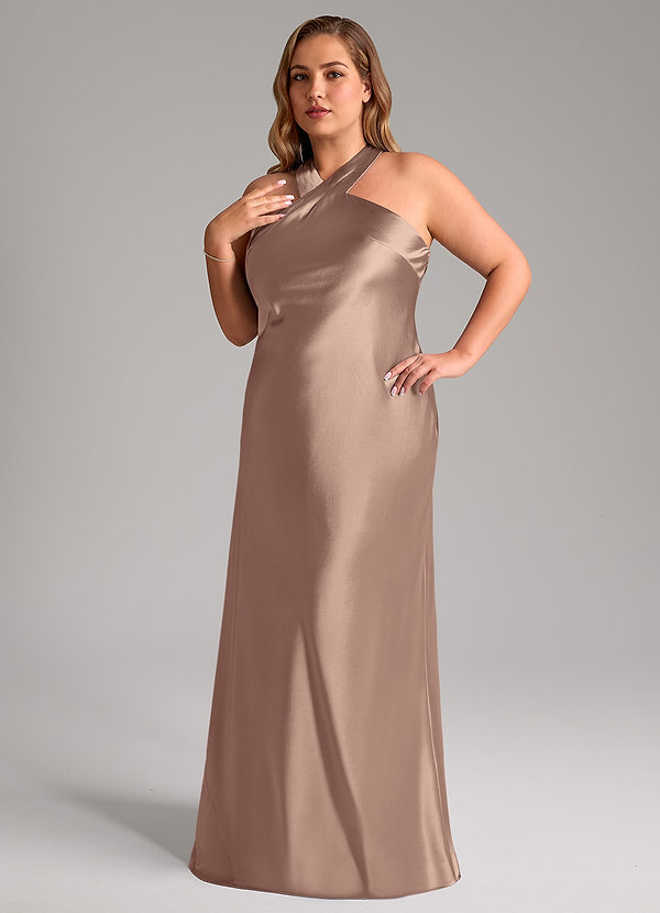 Azazie Doretta Robes Demoiselle d'honneur Robe Sirène en Satiné métallisé Arc Taupe image1