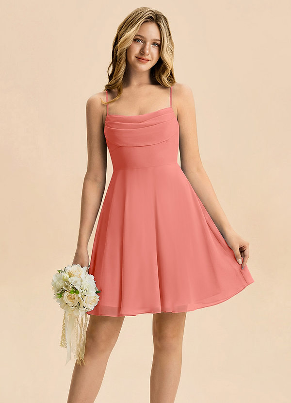 Azazie Bear Junior Abito A-Line in Chiffon Plissettato Salmone Rosa image1