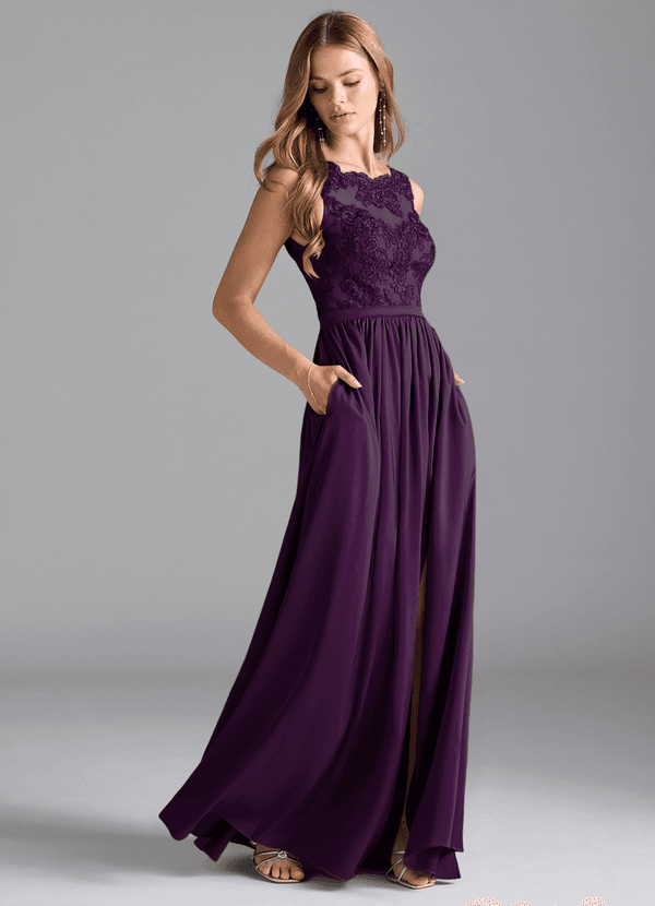 Azazie Elly Bridesmaid Dresses Grape A-Line Lace Stretch Satin Dress image1