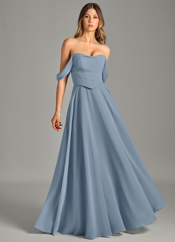 Azazie Chelsey Vestidos Dama de Honor Vestido de Azul Polvoriento de Gasa de Corte en A Convertible con Vestidos sin tirantes image1