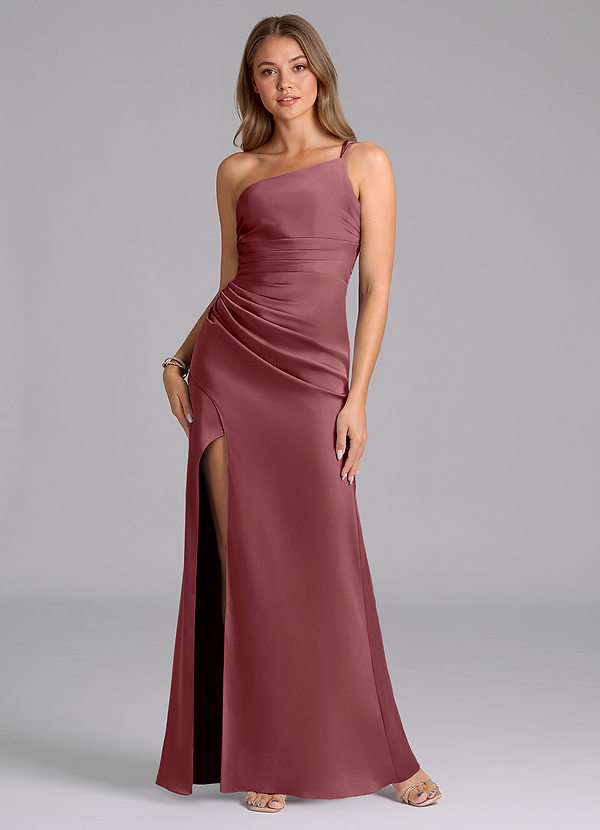 Azazie Eren Bridesmaid Dresses Desert Rose Mermaid One Shoulder Stretch Satin Dress image1