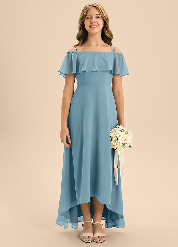 Azazie Maggie Junior A-Linie Schulterfrei Chiffon Kleid Stimmungsvolles Blau image1
