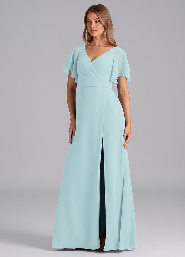 Azazie Ambrosia Bridesmaid Dresses Sea Glass A-Line Pleated Chiffon Dress image1