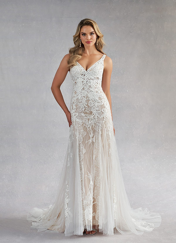 Azazie Konstantin Wedding Dresses Diamond White Nude Mermaid Sequins Tulle Dress image1