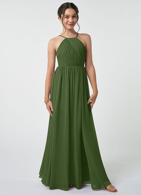 Azazie Leighton Junior Olive A-Line Pleated Chiffon Dress image1