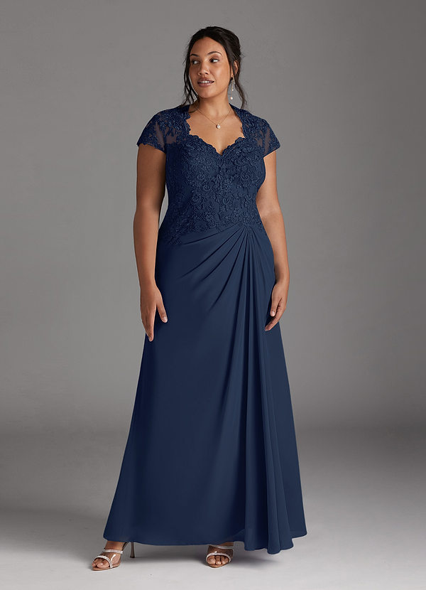 Azazie Junie Robe Mère de la Mariée & du Marié Robe Trapèze en Mousseline de soie Dentelle Bleu Marine Foncé image1