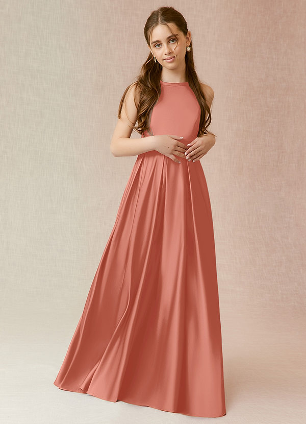 Azazie Arianthe Junior Salmon Pink A-Line with Pockets Stretch Satin Dress image1