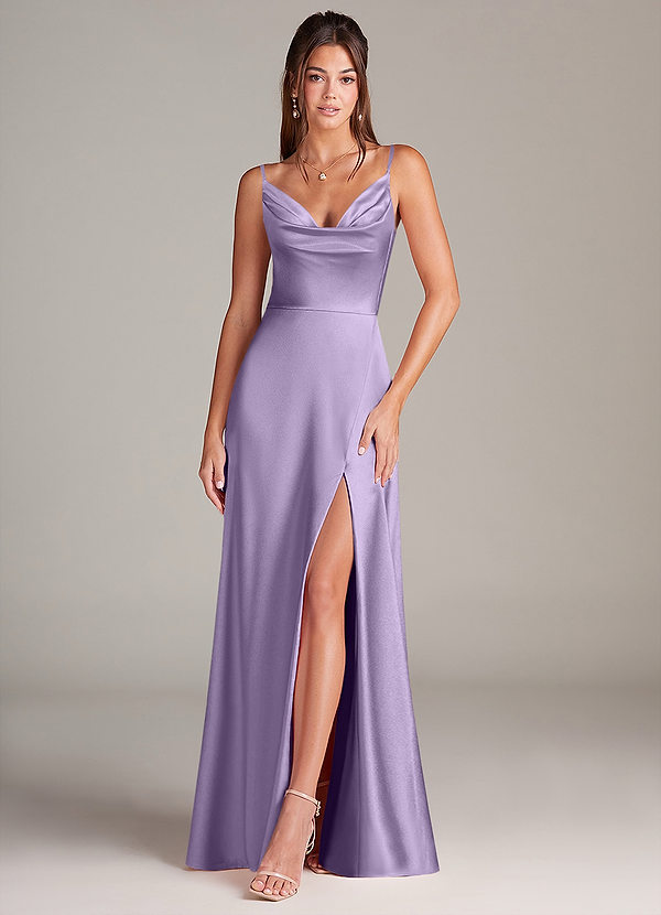 Azazie Sarella Brautjungfernkleider A-Linie mit Taschen Metallischer Satin Kleid Flieder image1