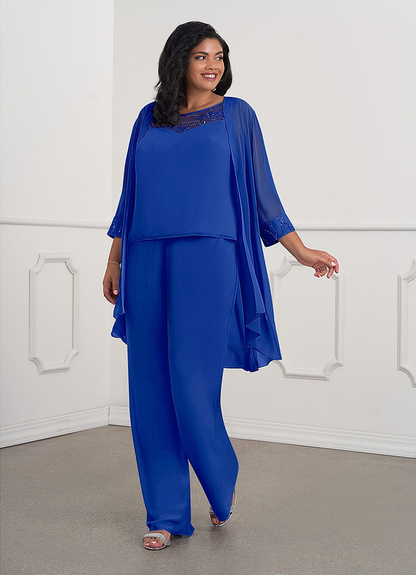 Azazie Maura Vestidos de Madre de la Novia Vestido de Azul Real de Gasa de Mono/Traje de pantalón con Lentejuela image1