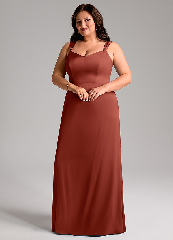 Azazie Denice Bridesmaid Dresses Terracotta Sheath Pleated Stretch Satin Dress image1