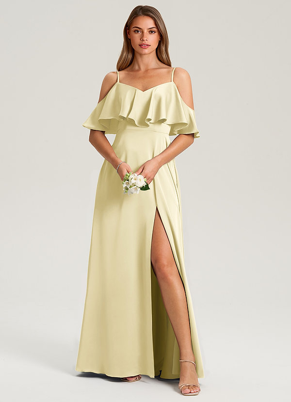Azazie Jean Bridesmaid Dresses Lemon Sorbet A-Line Off the Shoulder Stretch Satin Dress image1