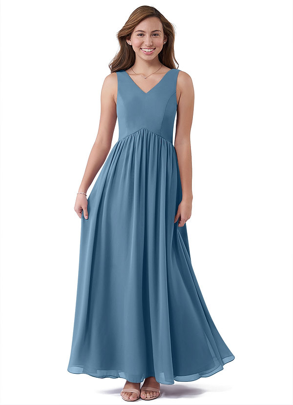 Vestido Delicado De Chiffon Para Dama De Honor Junior Con Mangas De Volantes Y Escote En V Azul Royal