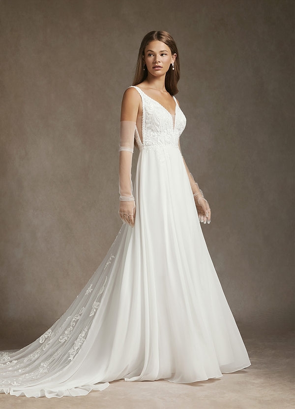 Azazie Cerelia Wedding Dresses Diamond White A-Line Sequins Chiffon Dress image1