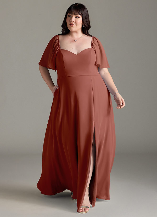 Azazie Chloe Abiti da Damigella Abito A-Line in Chiffon Scollo a Cuore Auburn image1