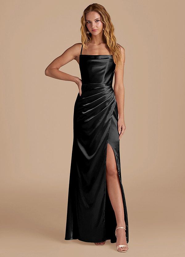 Azazie Marzia Vestidos Dama de Honor Vestido de Negro de Satén Metálico de Corte Sirena con Plisado image1