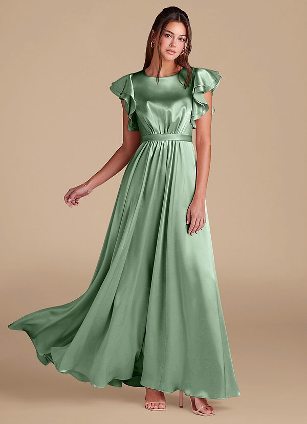 Azazie Daphne Abiti da damigella modesti Abito A-Line Increspato Raso Metallizzato Floor-Length image1