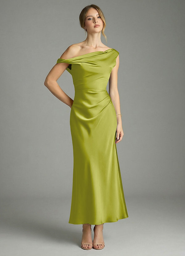 Azazie Emerson Bridesmaid Dresses Lemongrass Mermaid Off the Shoulder Stretch Satin Dress image1