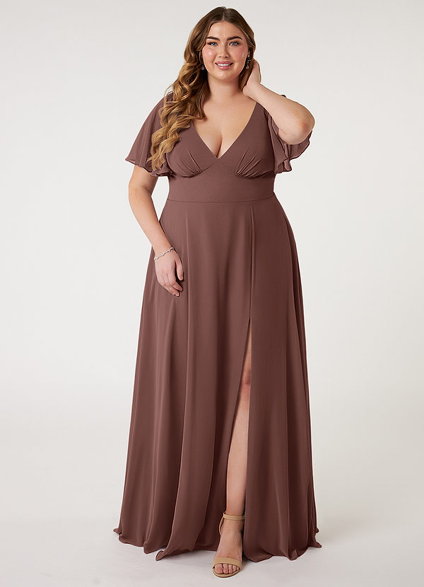 Azazie Kimber Bridesmaid Dresses Espresso A-Line Flounce Sleeve Chiffon Dress image1