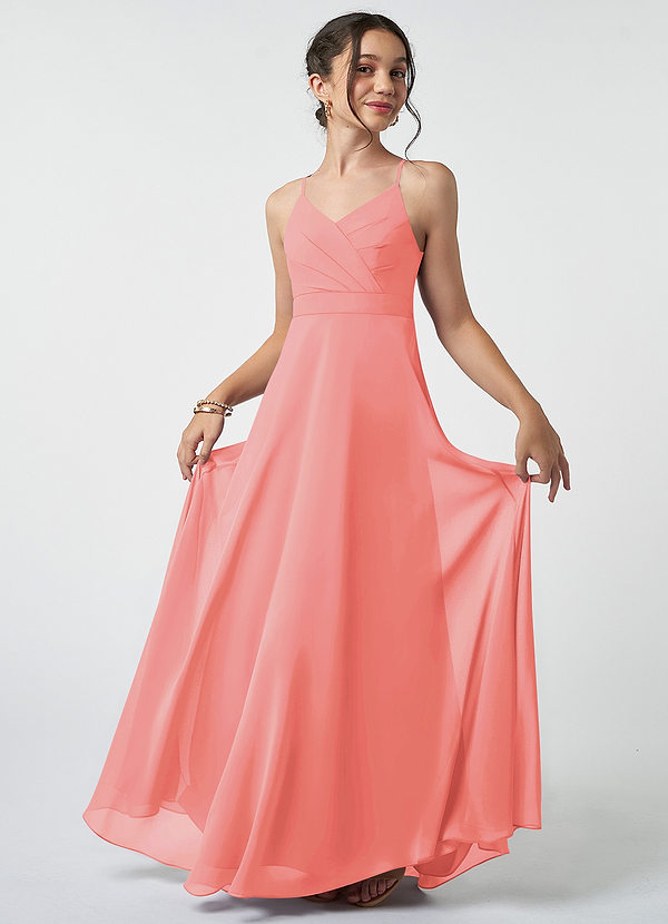 Azazie Avelina Junior Coral A-Line Pleated Chiffon Dress image1
