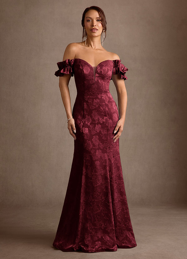 Azazie Allison Vestidos para la madre de la novia Vestido Cabernet de Devorado Floral de Corte Sirena con Hombros descubiertos image1