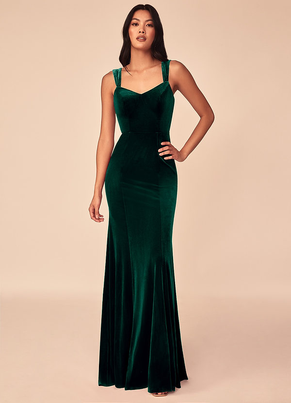 Azazie Lanessa Bridesmaid Dresses Emerald Mermaid V-Neck Keyhole Back Velvet Dress image1