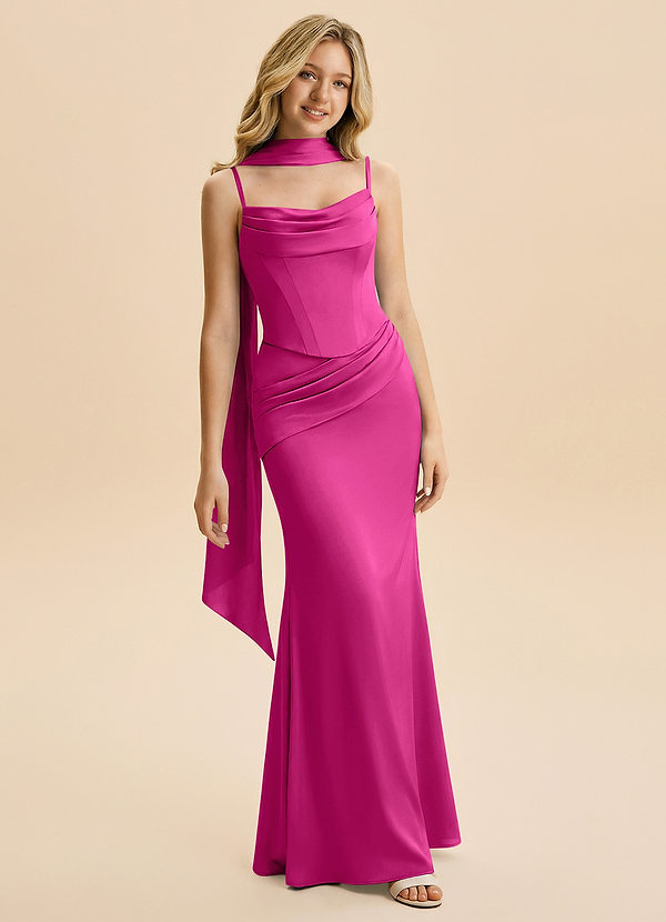 Azazie Sorrel Junior Fuchsia Mermaid Ruched Stretch Satin Dress image1