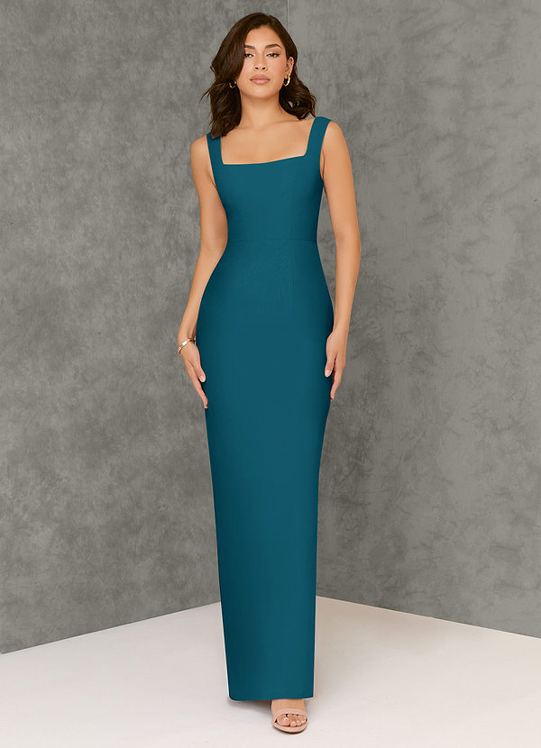 Azazie Flori Bridesmaid Dresses Ink Blue Sheath Square Neckline Chiffon Dress image1