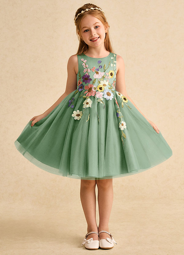 Azazie Prima Blumenkinder Kleider A-Linie Schleifen Tüll Kleid Matcha image1