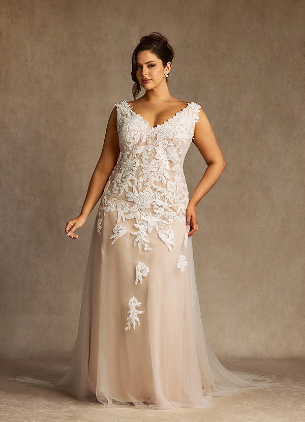 Azazie Bess Wedding Dresses Diamond White Nude Sheath Sequins Tulle Dress image1
