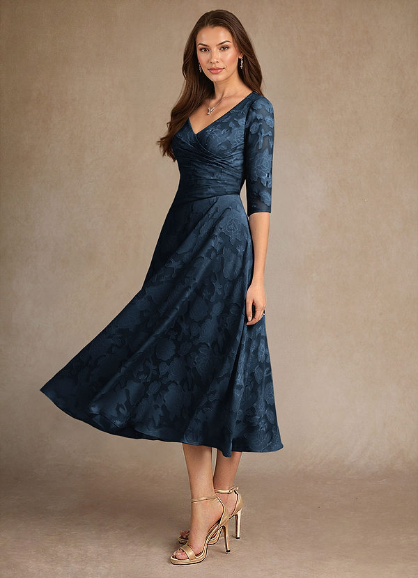 Azazie Durant Mother of the Brides Dresses Dark Navy A-Line Pleated Floral Burnout Dress image1