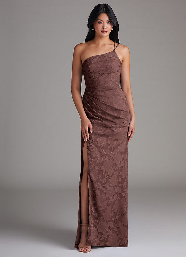 Azazie Eren Bruidsmeisjesjurken Jurk van Bloemen Burn-out met Kolom One-shoulder Espresso image1
