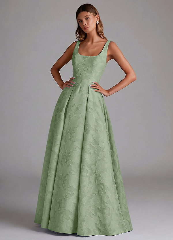 Azazie Amalie Abiti da Damigella Abito A-Line in Burnout Floreale Plissettato Verde Salvia image1