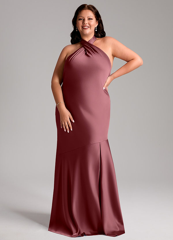 Azazie Lorena Robes Demoiselle d'honneur Robe Sirène en Satin extensible Plissée Rose Du Désert image1