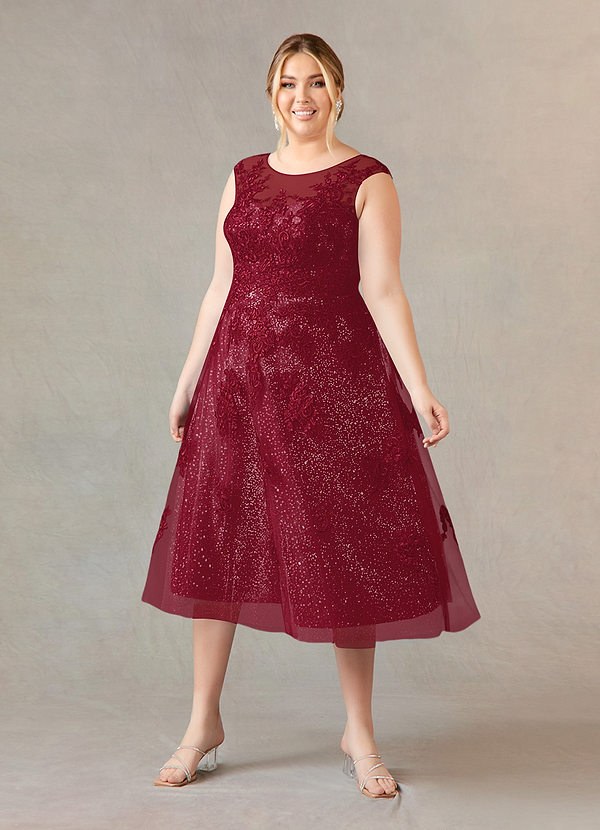 Azazie Flynn Mother of the Brides Dresses Burgundy A-Line Boatneck Lace Tulle Dress image1