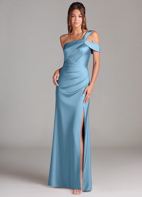 Azazie Wynter Vestido Invitada Boda Vestido de Azul Acero de Satén Elástico de Corte Recto con Vestidos sin tirantes image1