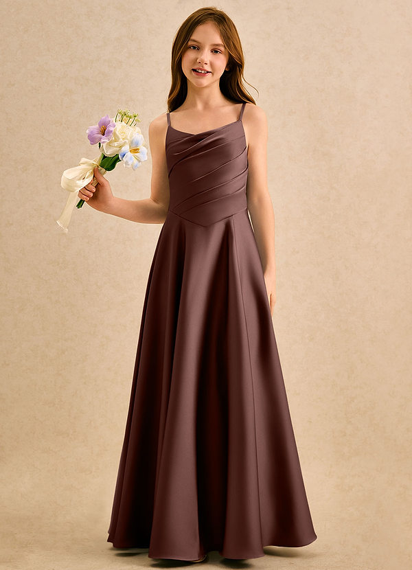 Azazie Coconut Girls Formal Blumenkinder Kleider A-Linie Plissee Stretch-Satin Kleid Espresso image1