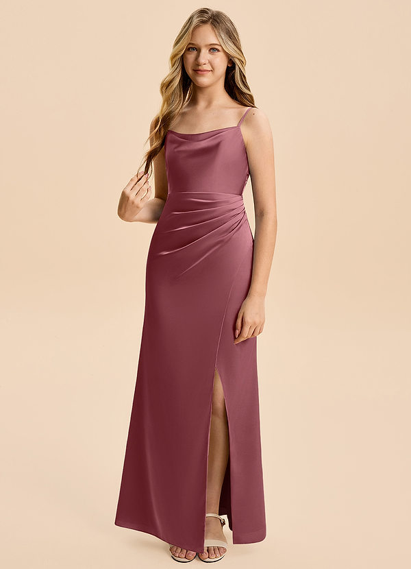 Azazie Christen Junior Vestido de Rosa Del Desierto de Satén Elástico de Corte en A con Plisado image1