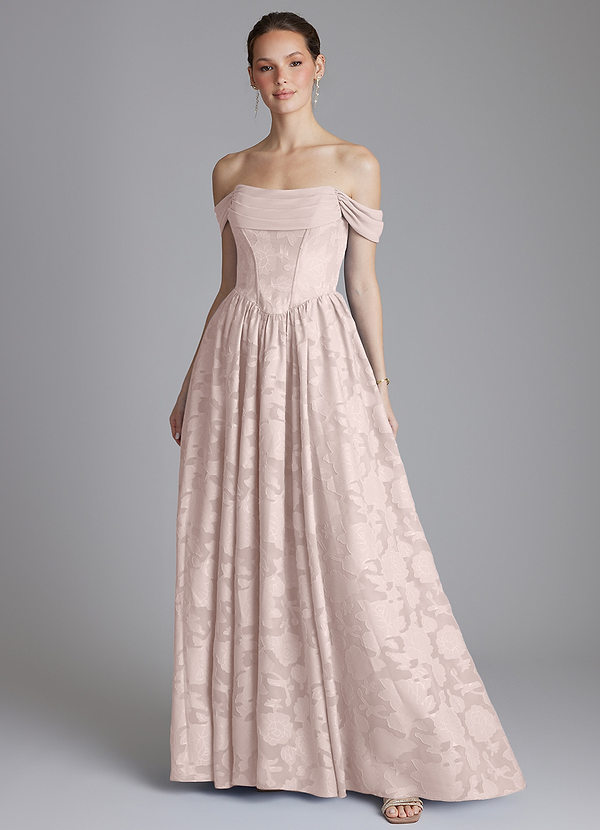 Azazie Raisa Bridesmaid Dresses Blushing Pink A-Line Off the Shoulder Floral Burnout Dress image1