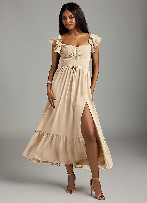 Azazie Anaya Bridesmaid Dresses Champagne A-Line Pleated Chiffon Dress image1