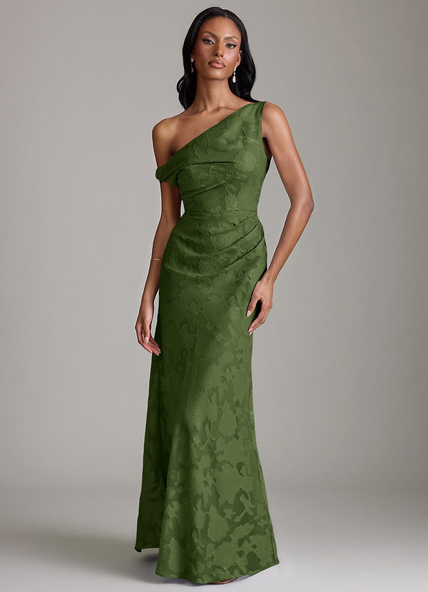 Azazie Emerson Bridesmaid Dresses Vestido Oliva de Esgotamento Floral de sereia com Fora do ombro image1