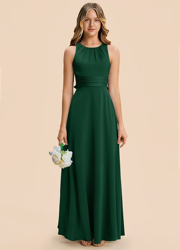 Azazie Christina Junior Vestido Verde Oscuro de Satén Elástico de Corte en A con Drapeado image1