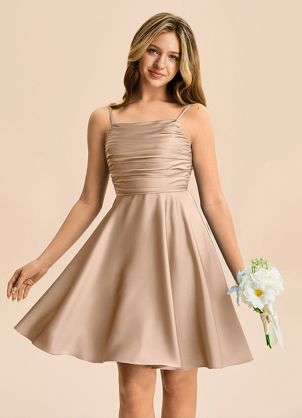 Azazie Miko Junior Vestido de Gris Pardo de Satén Elástico de Corte en A con Plisado image1