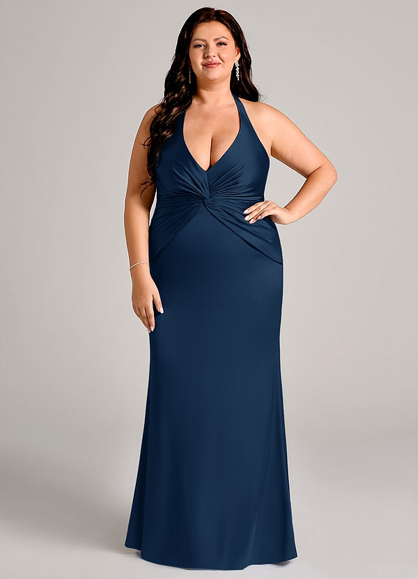 Azazie Valerie Bruidsmeisjes Jurken Jurk van Stretch Satijn met Zeemeermin Geplooid Donkere Marine image1