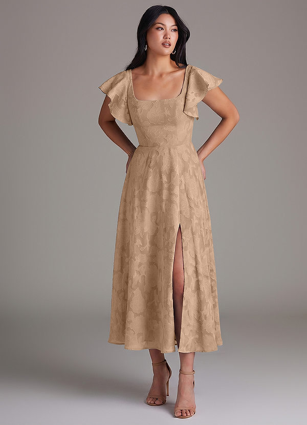 Azazie Bondi Bridesmaid Dresses Champagne A-Line Ruched Floral Burnout Dress image1