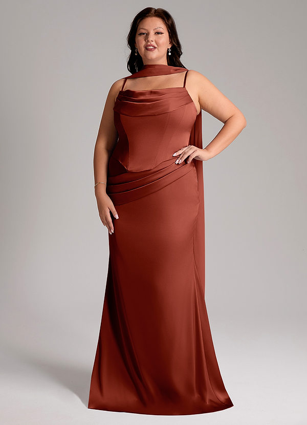 Azazie Sorrel Robes Demoiselle d'honneur Robe Sirène Convertible en Satin extensible Sans bretelle Terracotta image1