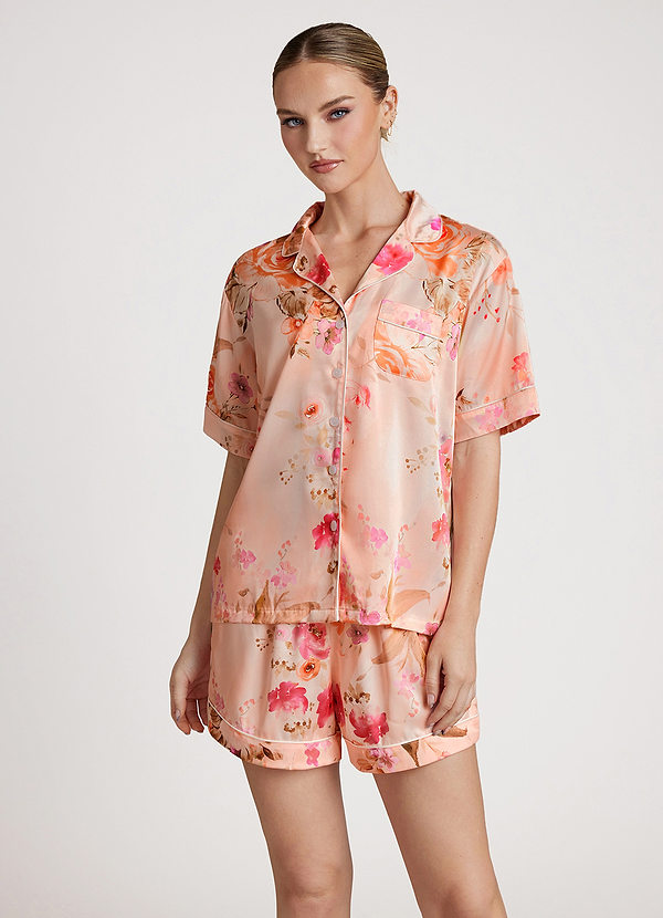 front Abstract Bouquet Floral Pigiama con profili a contrasto in raso