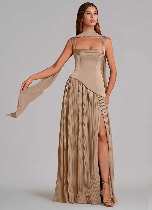 Azazie Stephanie Bridesmaid Dresses Taupe A-Line Pleated Stretch Satin Dress image1