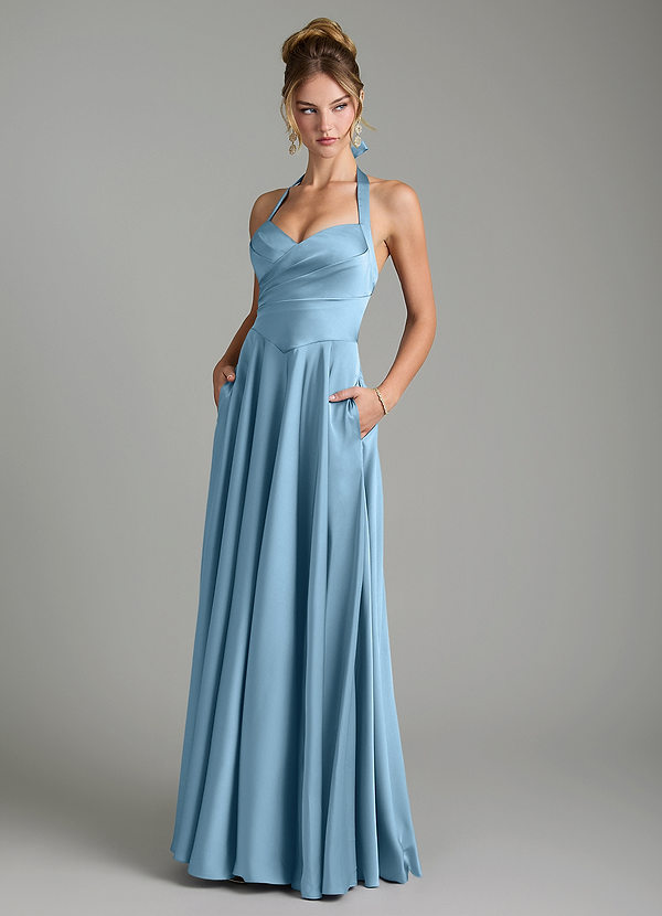Azazie Tenaya Vestidos de dama de honor Vestido Azul Acero de Satén Elástico de Línea A con Escote corazón image1