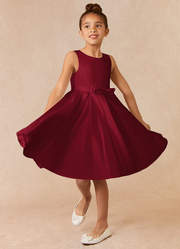 Azazie Coco Flower Girl Dresses Burgundy A-Line Bow Matte Satin Dress image1