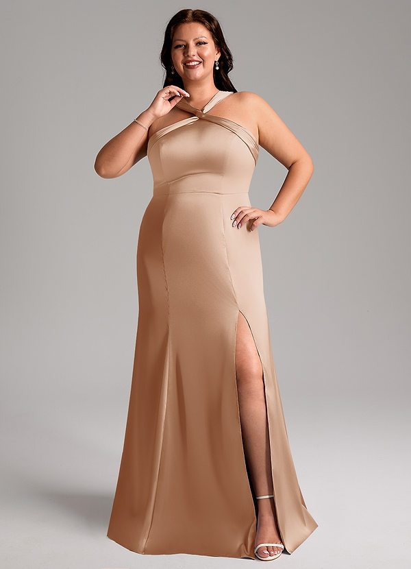 Azazie Rue Robes Demoiselle d'honneur Robe Trapèze en Satin extensible Plissée Rose Perle image1